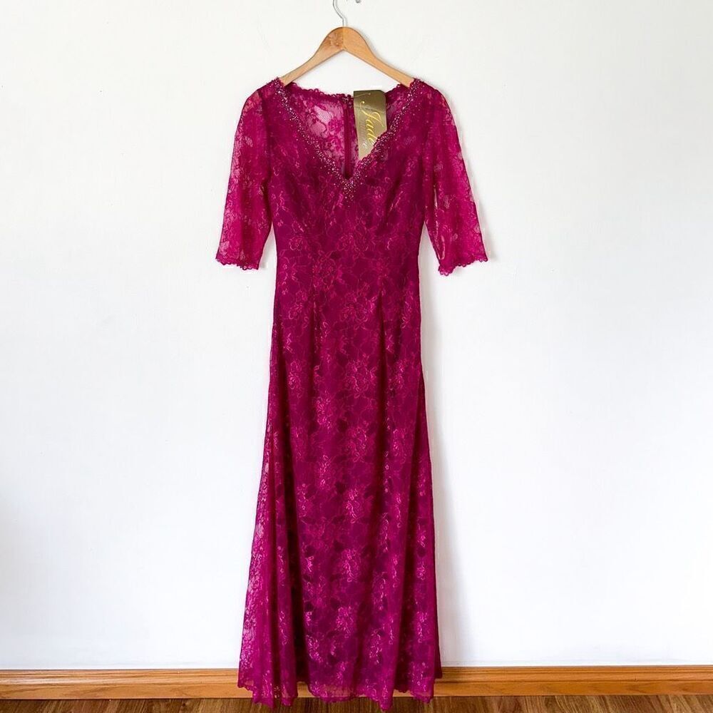 Jade Couture by Jasmine Women’s Delicate Elbow Length Modest Beaded Trim Gown